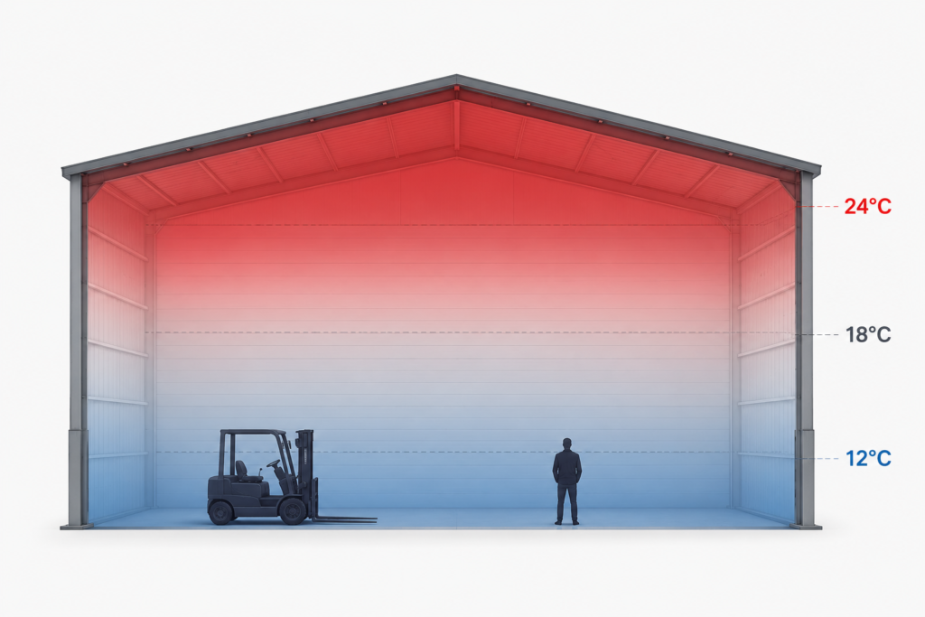 Explicación visual de la estratificación de temperaturas en una nave industrial